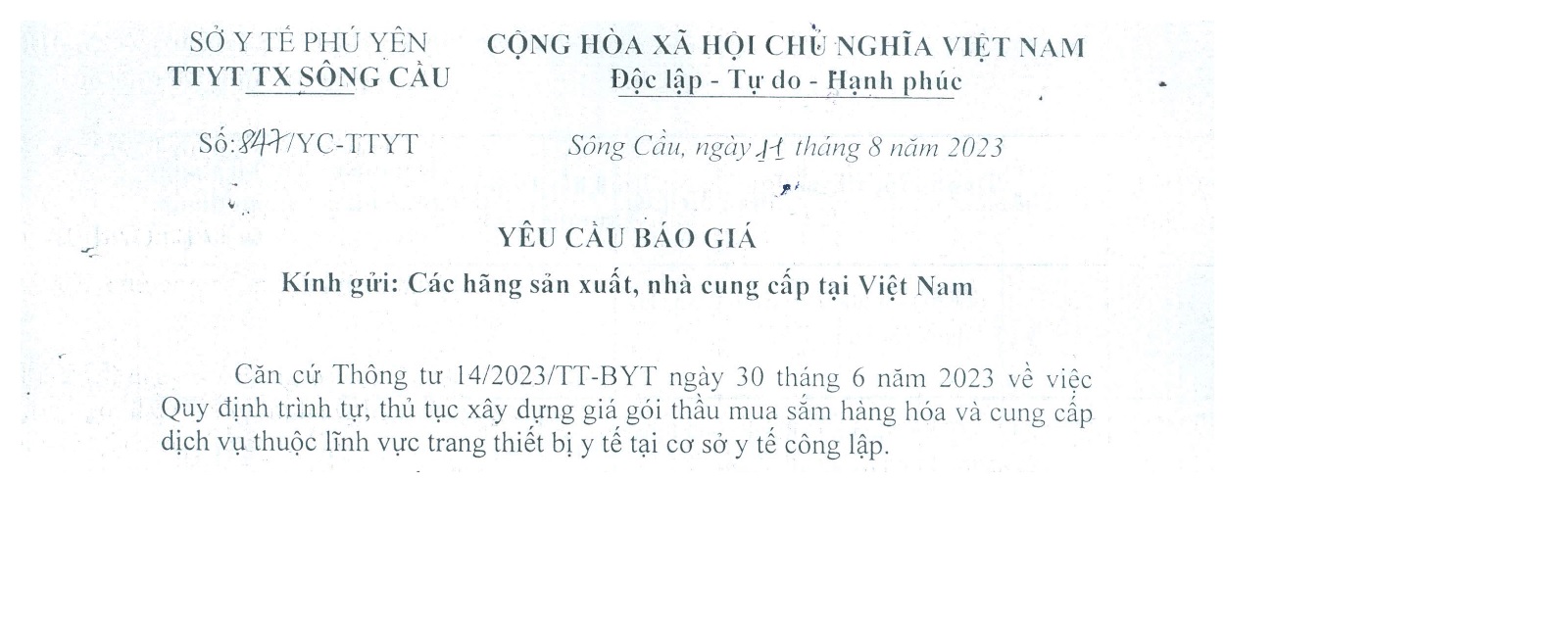 Yêu cầu báo giá gói thầu mua sắm hàng hóa thuộc lĩnh vực trang thiết bị y tế công lập